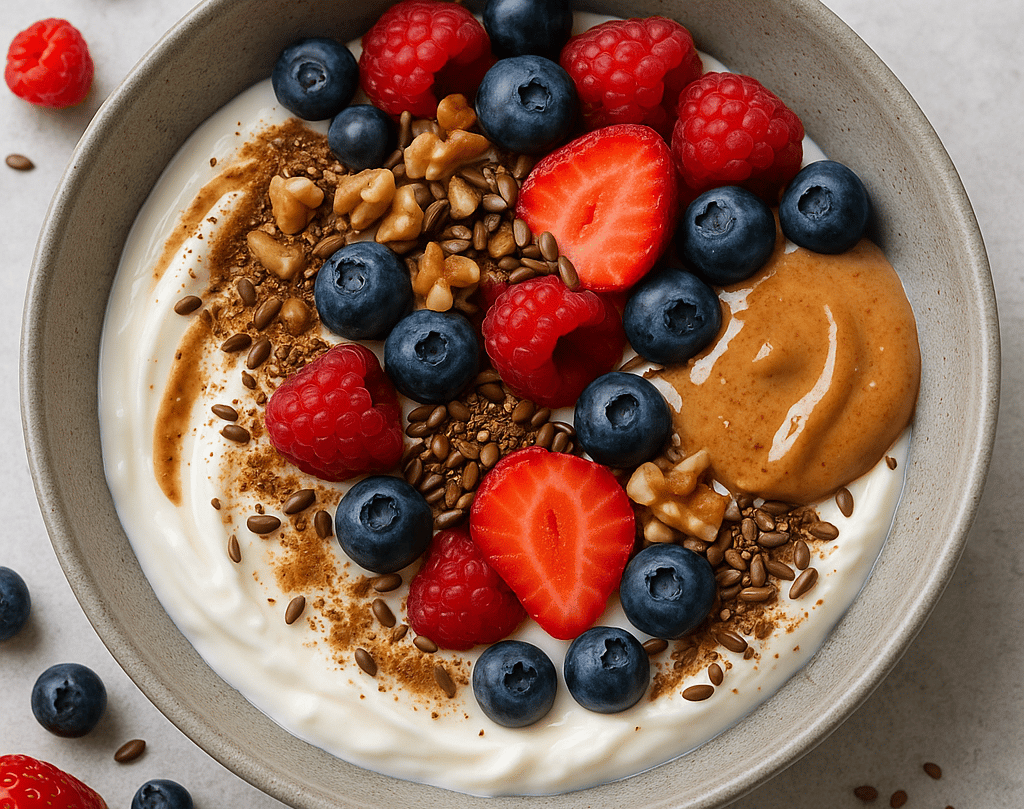 Greek Yogurt Breakfast Bowl with Berries, Flax & Almond Butter