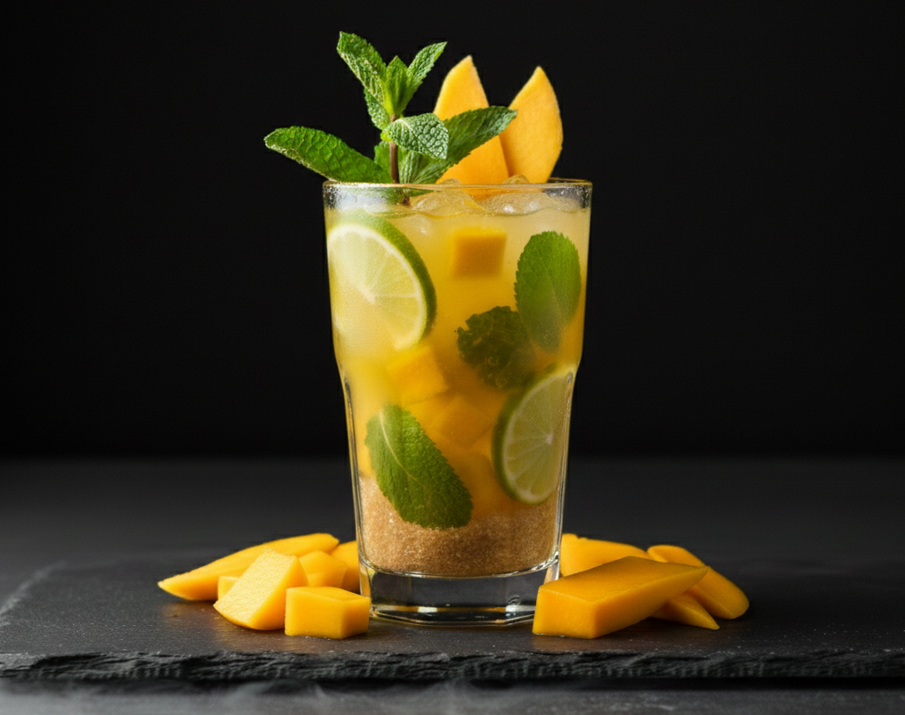 Refreshing mango mojito cocktail with fresh mint, lime slices, and fruit chunks on a dark slate background.