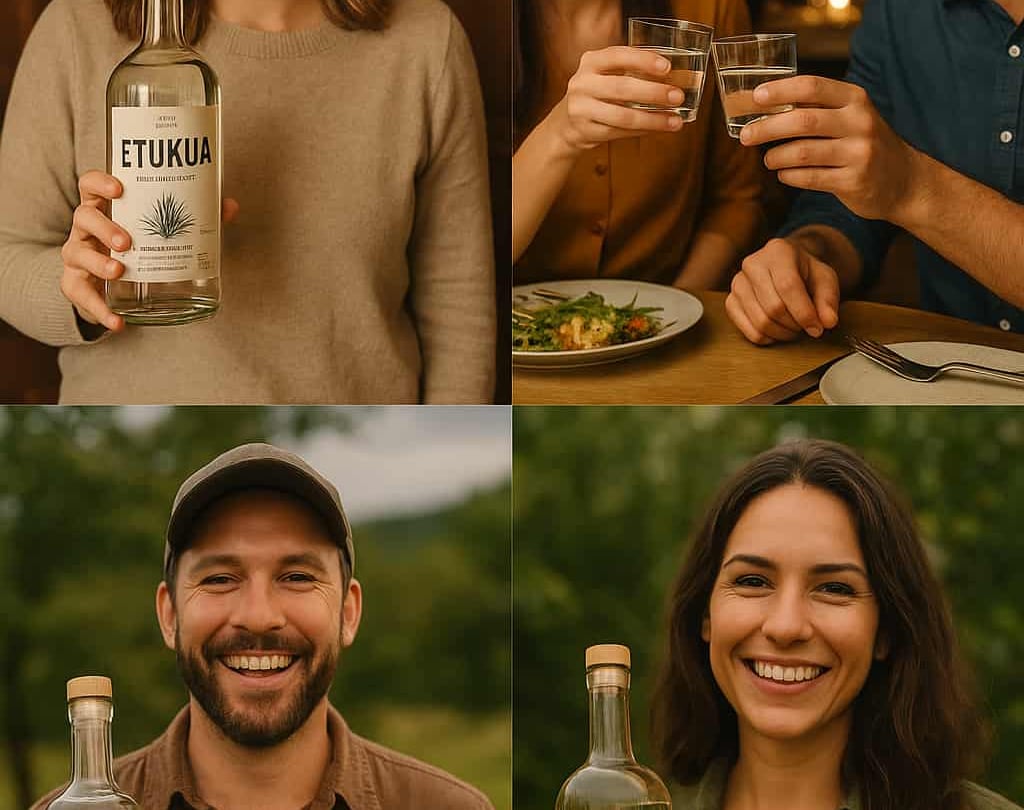 Collage de fotos reales de clientes Etukua sonriendo con sus botellas de mezcal en diferentes entorn
