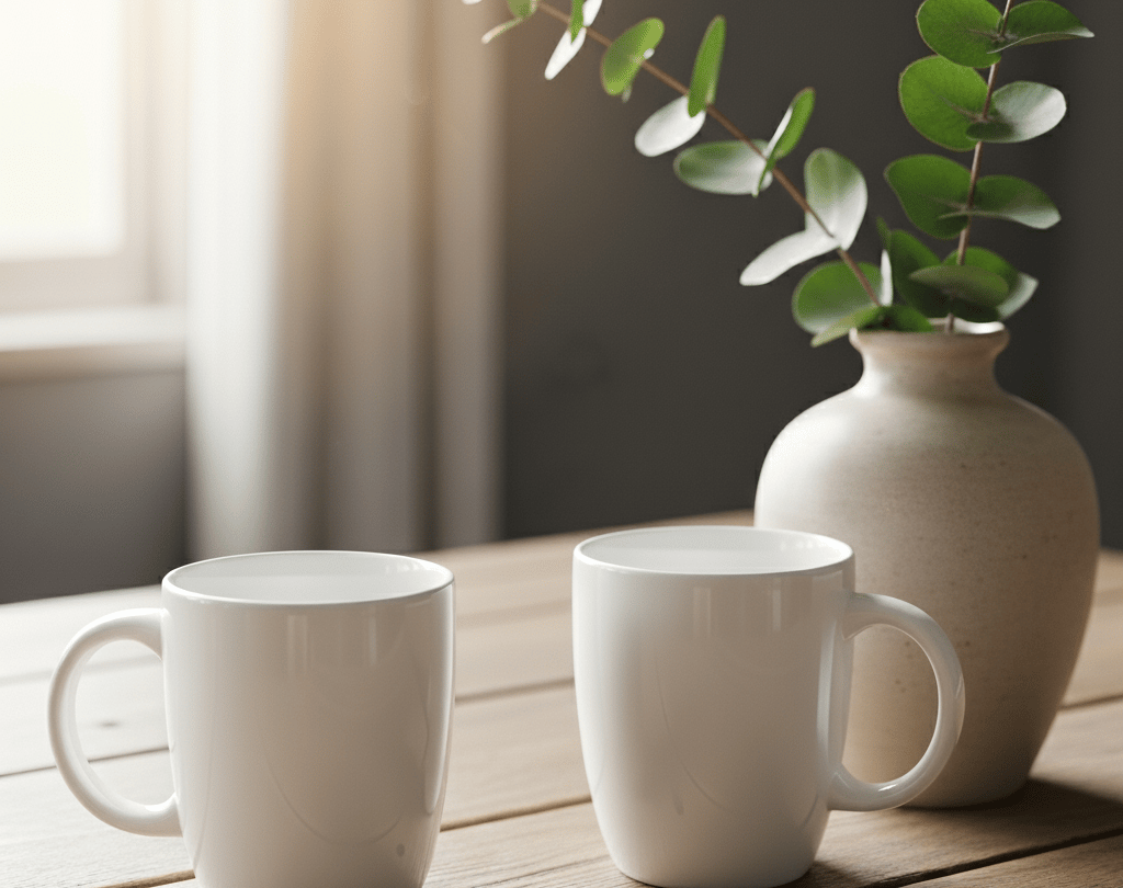 Inviting therapy setting with white mugs and vase, designed for women to share emotions