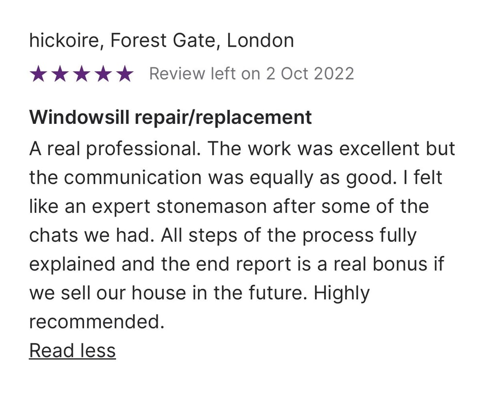 Five-star customer review for windowsill repair and replacement by a stonemason in Forest Gate, London.