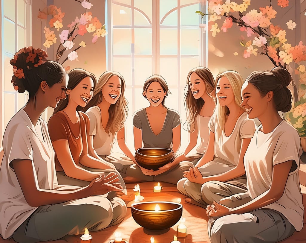 cercle de parole entre femmes assises au sol , bougies et bols tibetains