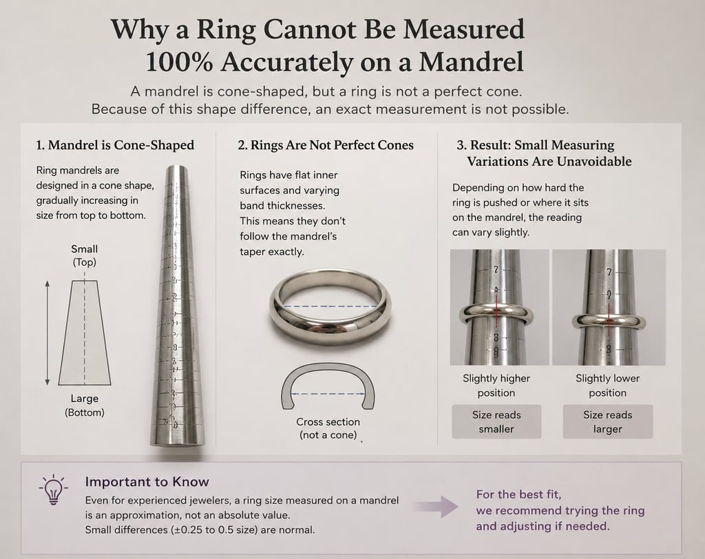 Diagram explaining ring sizing variations on a metal mandrel tool with a gold band illustration.