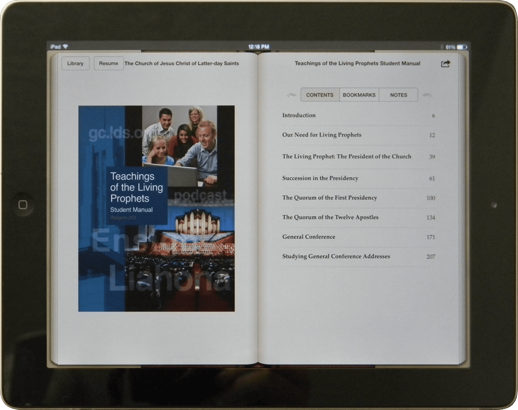 "Teachings of the Living Prophets" Student Manual EPUB—Cover and Table of Contents