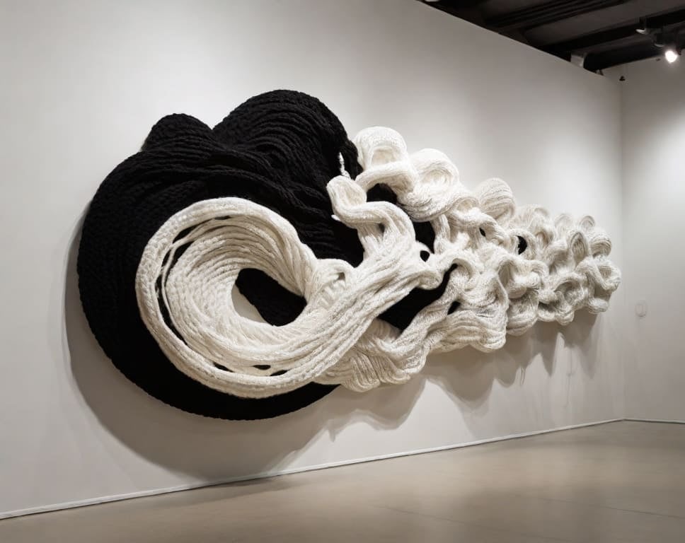 Escultura têxtil abstrata em preto e branco na parede de uma galeria.