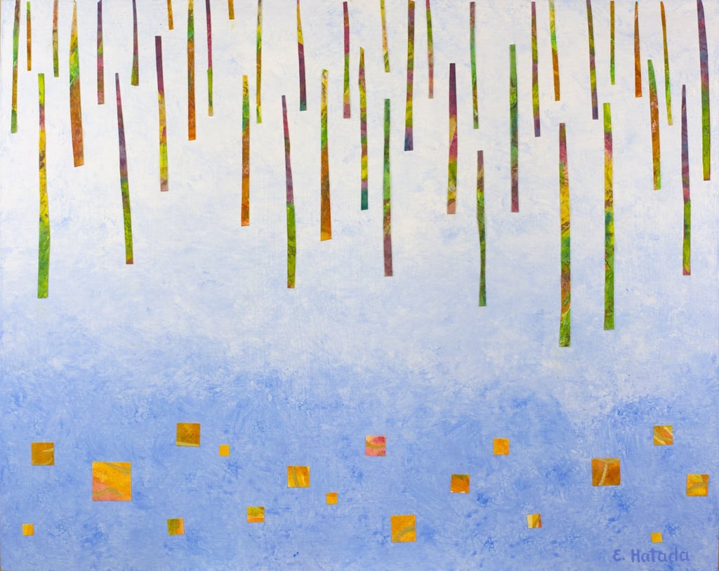 Abstract acrylic and paper collage painting of a forest and a river with floating forms