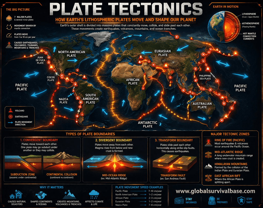 Plate tectonics infographic showing major tectonic plates, plate boundaries, earthquake zones, volca