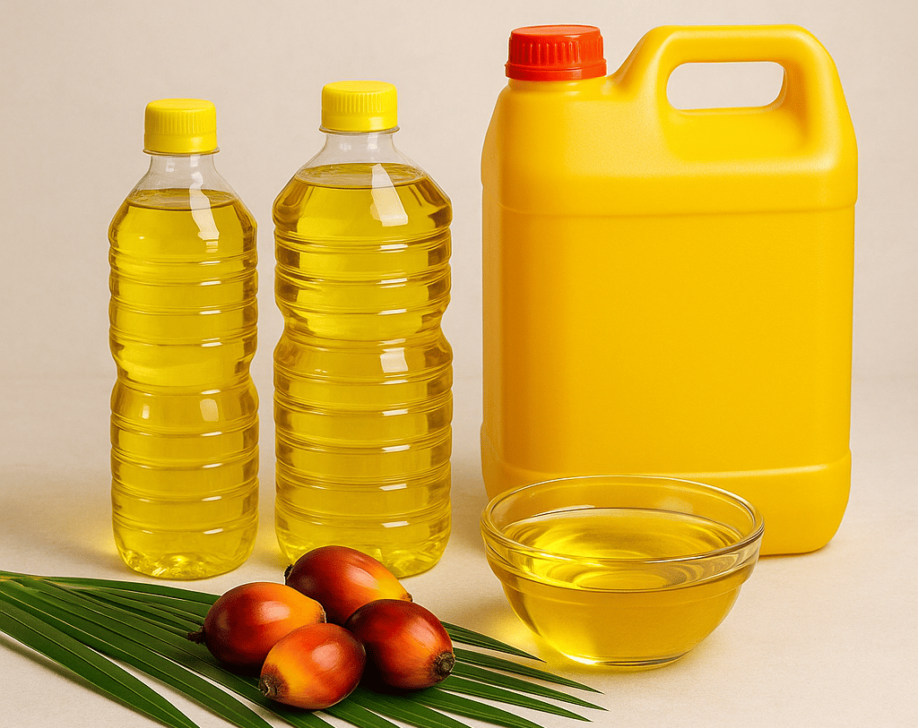 a bottle of oil and a bowl of fruit