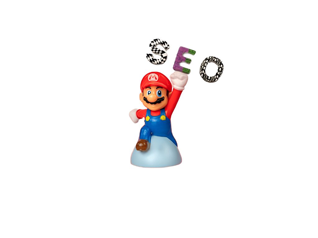 A 3D illustration of Mario—a plumber holding up a large 'SEO' sign, representing specialized search 
