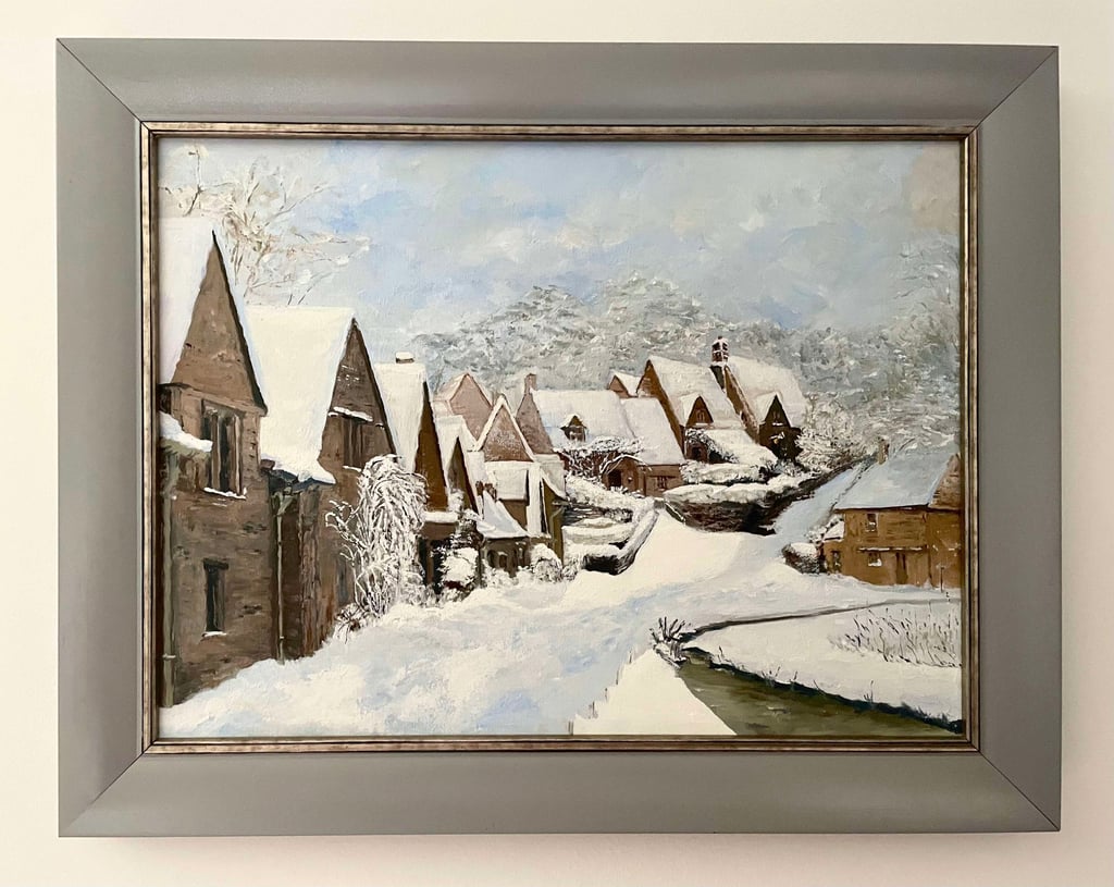 Oil painting of Arlington Row, Bibury, in the snow during Winter