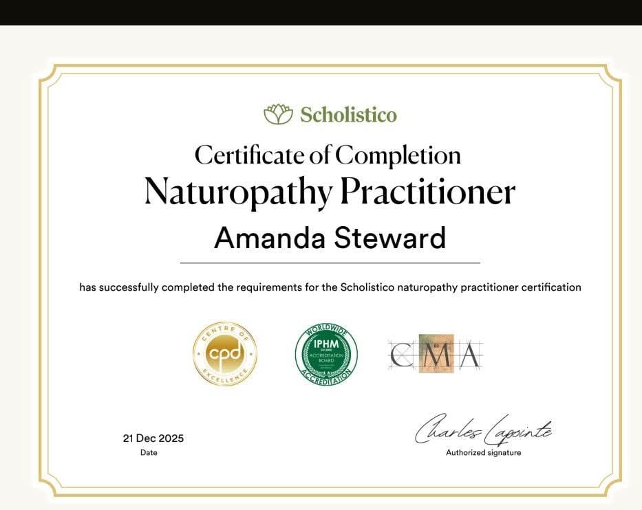 Scholistico certificate of completion for Amanda Steward as a certified Naturopathy Practitioner.