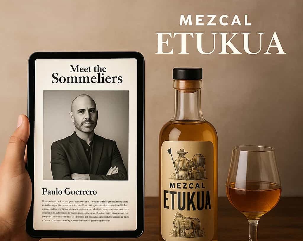  Una mano sosteniendo una tablet que muestra un perfil de un sommelier reconocido, con una botella 