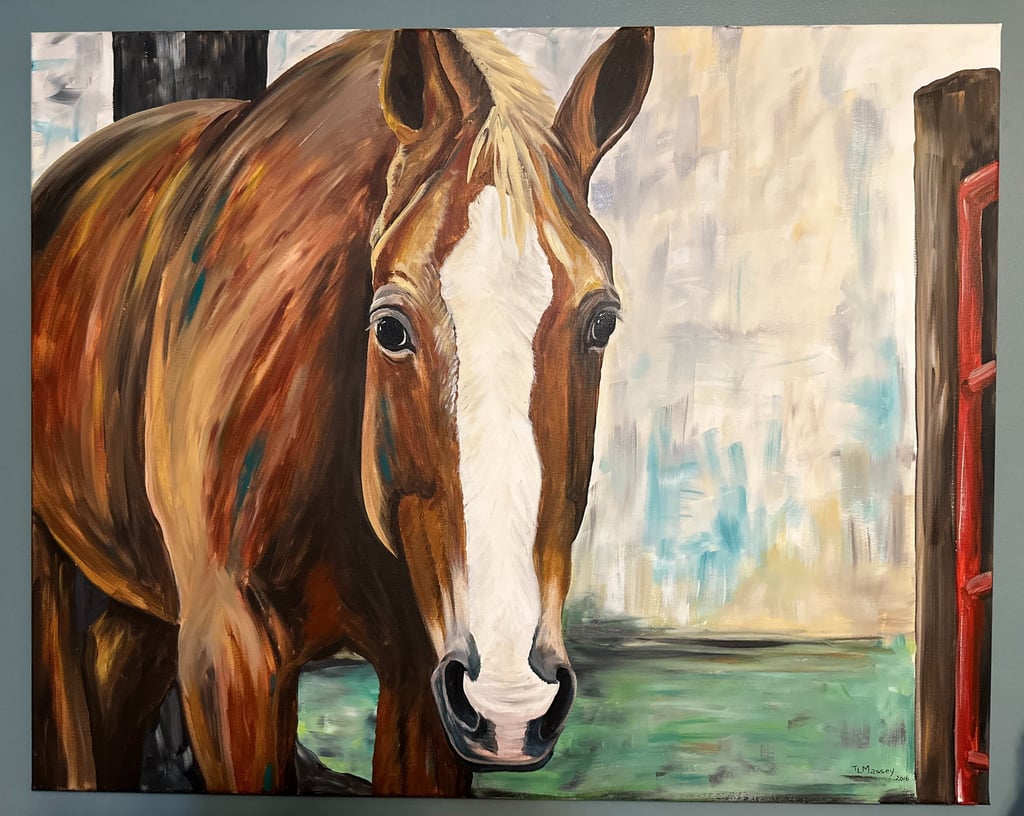 Acrylic painting of a brown horse with a white blaze on its face standing by a fence.