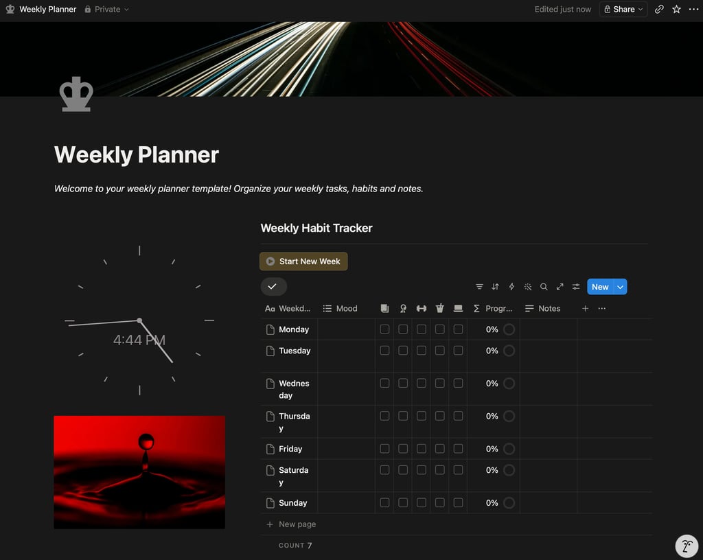 A dark mode weekly planner and habit tracker dashboard with a minimalist clock and productivity widgets.