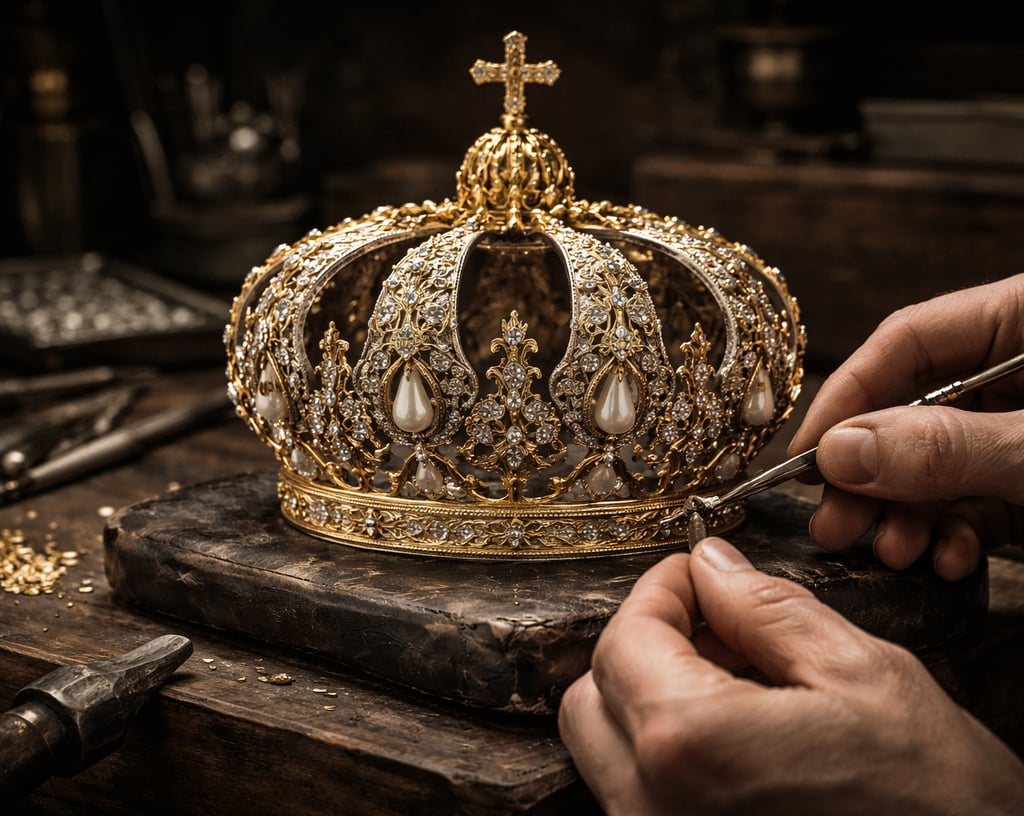 Manos de joyero trabajando una corona religiosa a medida en taller especializado
