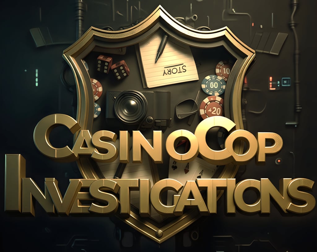 CasinoCop Investigations South Africa, gold detective shield banner with chips and aces