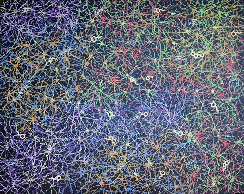 Abstract acrylic painting of networks of neurons in the brain