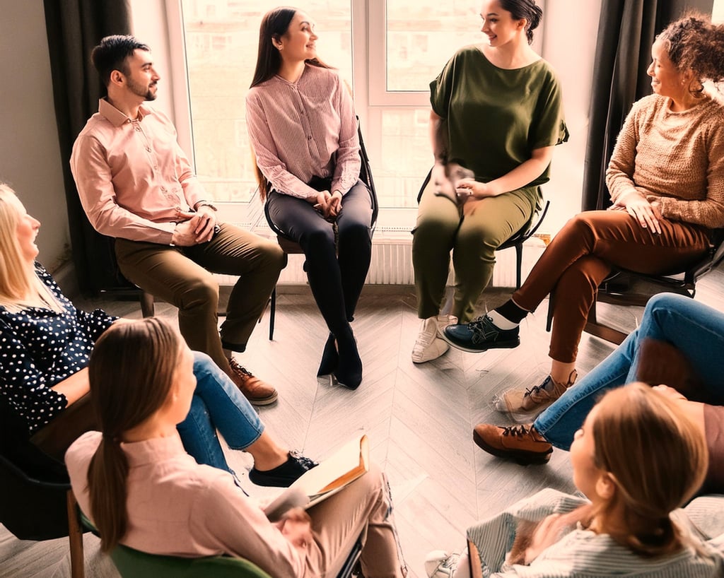 hommes et femmes assis en cercle lors d'un groupe de parole