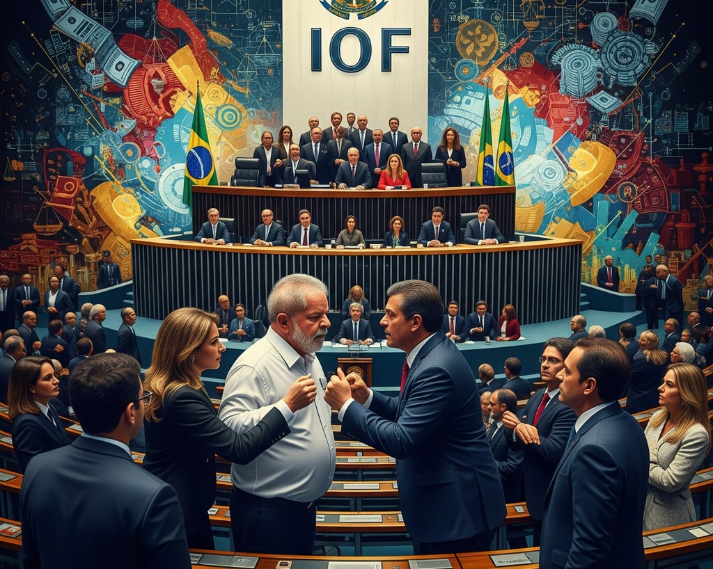Arte conceitual do confronto entre o Presidente Lula e o Congresso Nacional pela questão do IOF