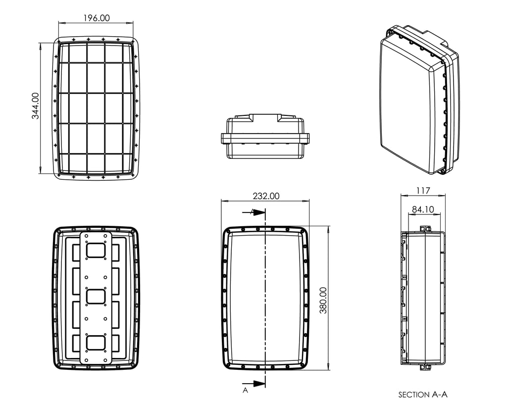 Technical drawing of Plasdev electronic enclosure showing sizes
