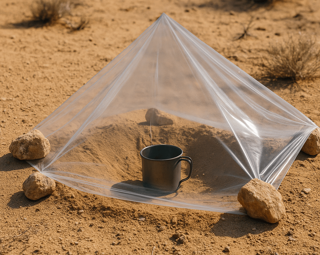 DIY solar still water purifier in desert survival setup, plastic sheet over cup collecting condensation for hydration
