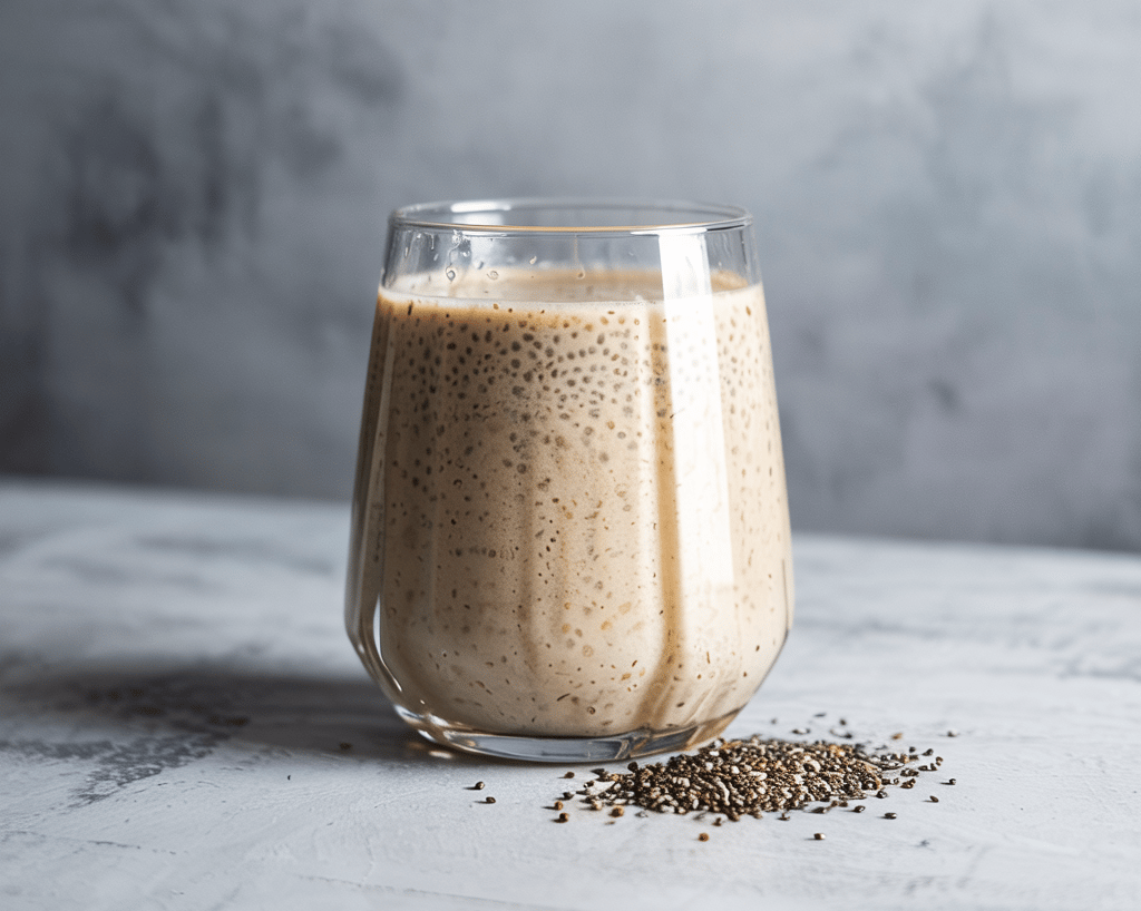Glass of vanilla chia protein smoothie on a light textured surface with a small pile of chia seeds