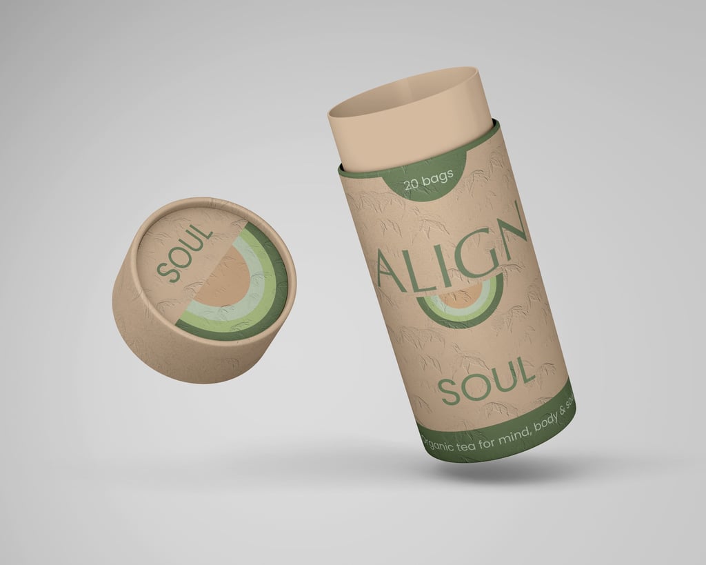 Align Soul tea tube packaging mockup showing taller format with brand mark and product name in green