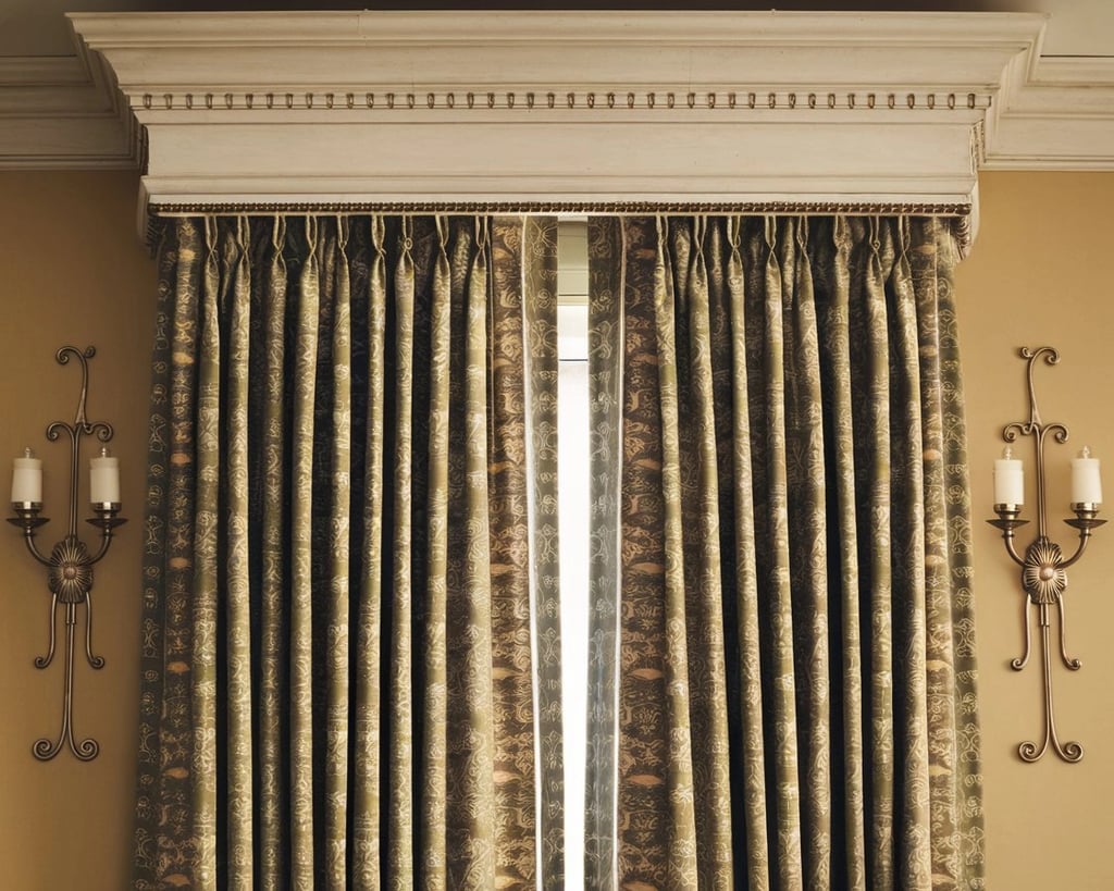 Paire de rideaux à tête double plis surmontée d'une cantonnière