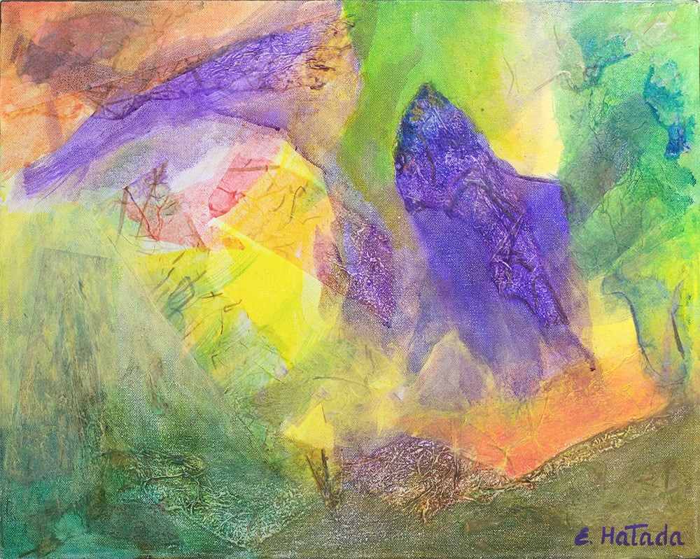 Abstract acrylic and collage painting of a dolphin-like form emerging from a dream landscape