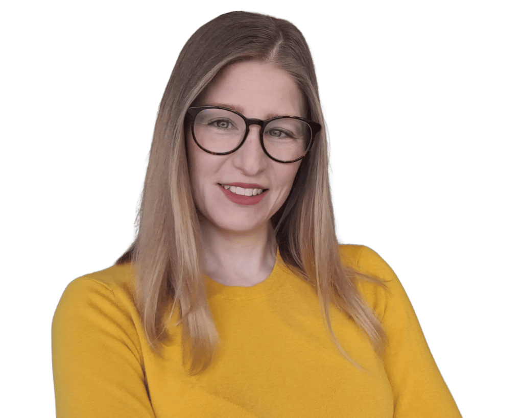 Megan Sorbie, administrative assistant at MortgageWell Cornwall, wearing glasses and a yellow shirt