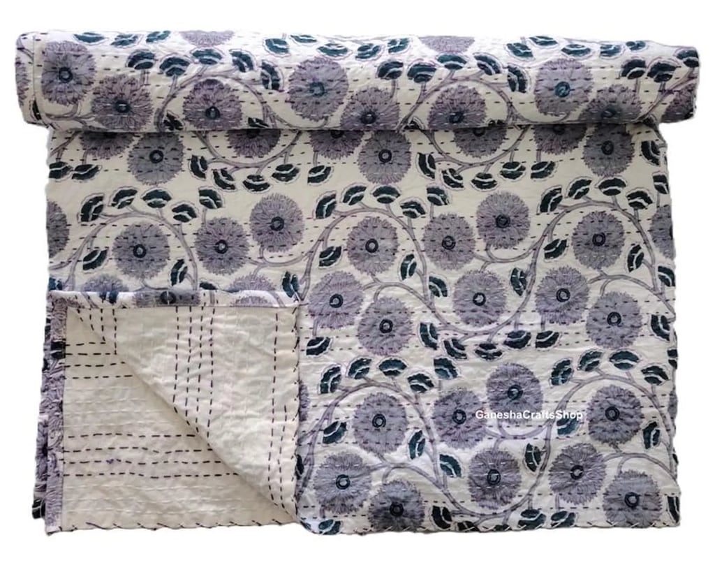 Cornflower block print kantha quilt