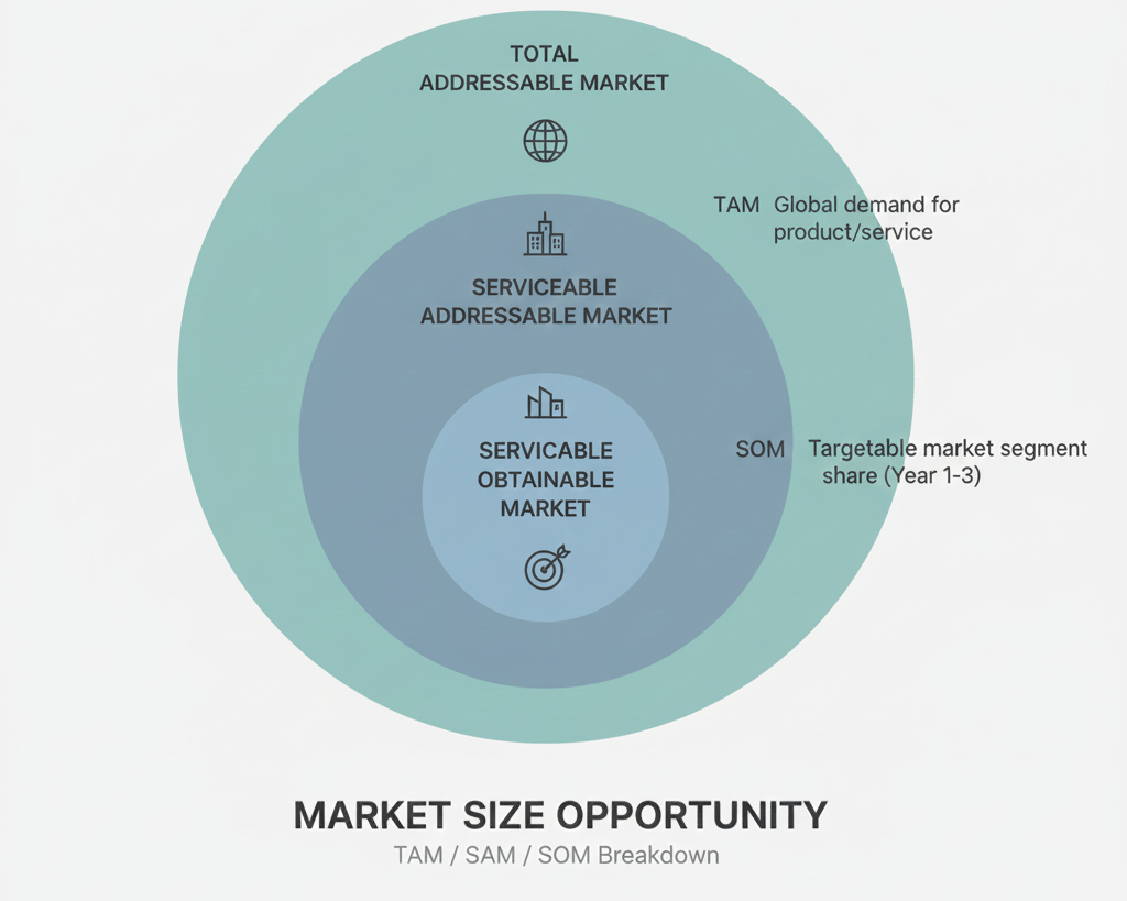 TAM, SAM, SOM diagram showing total market, serviceable market, and obtainable market for a startup.