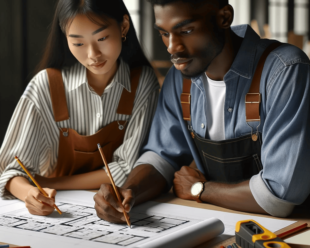 Deux collaborateurs réalisant un plan topographique sur table de bureau