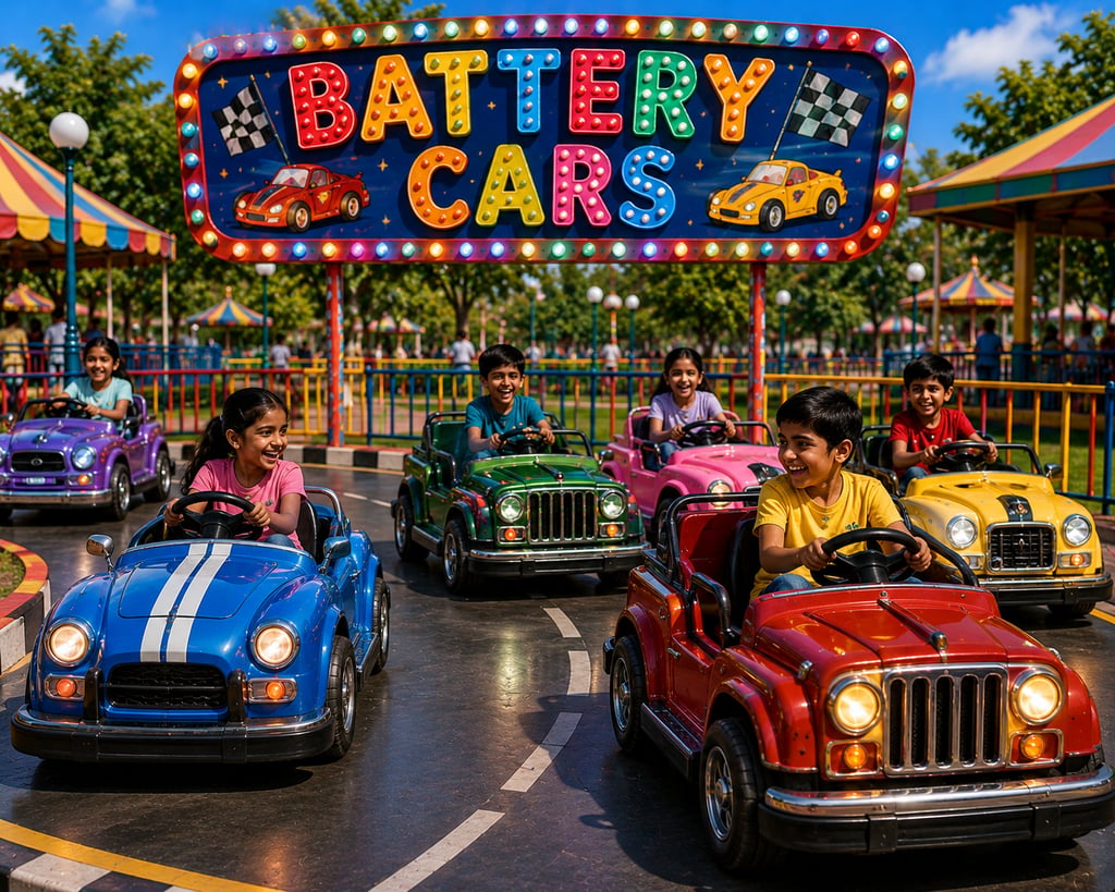 Happy children driving colorful electric battery cars at a sunny amusement park track.