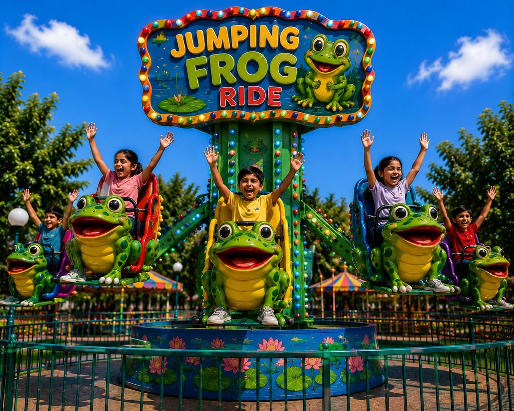 Happy children cheering on the Jumping Frog Ride at an outdoor amusement park under a blue sky.