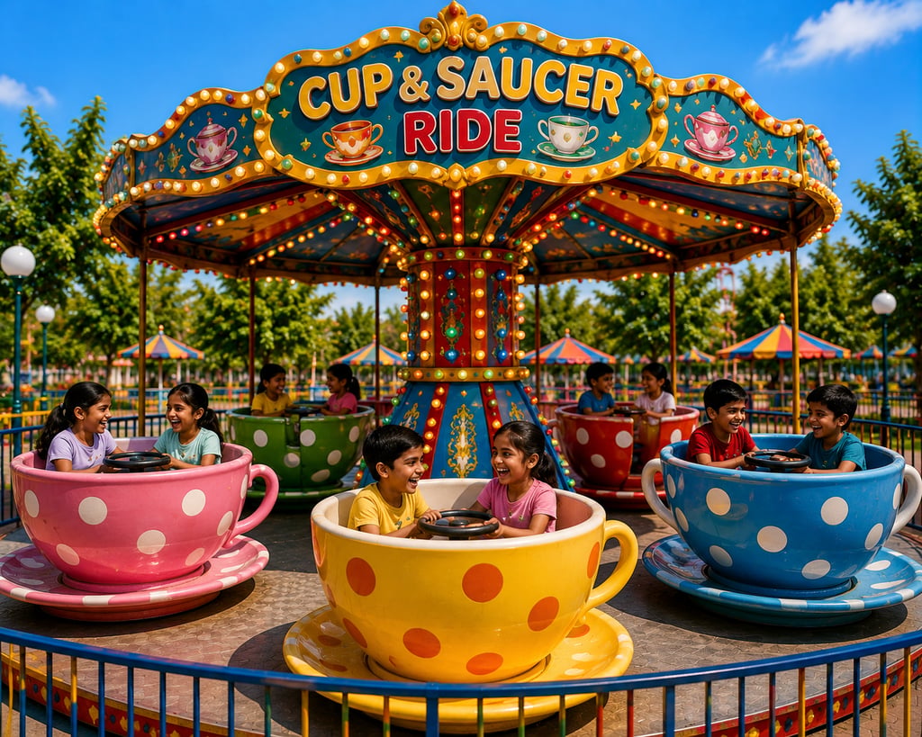 Smiling children enjoying a colorful spinning cup and saucer ride at a sunny outdoor amusement park.