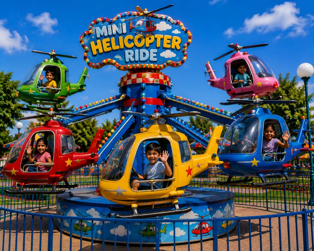 Happy children enjoying a colorful mini helicopter ride at an outdoor amusement park.