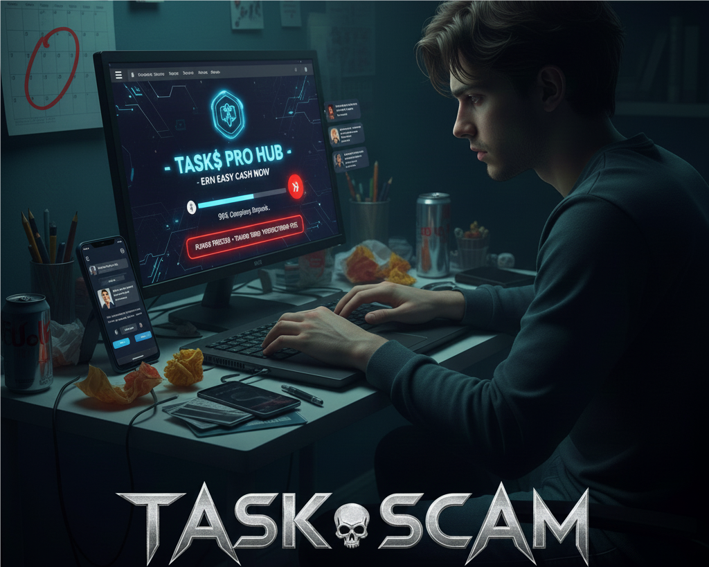 An image of a young man completing Fake SCAM TASKS