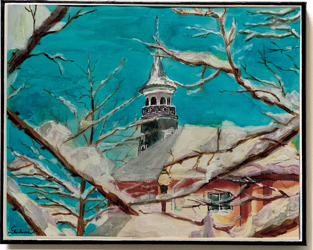 Algonquin Village Town Hall building trough snowy tree branches