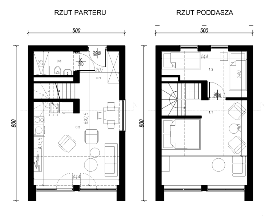 Rzuty nowoczesnego domu modułowego z poddaszem użytkowym i antesolą 