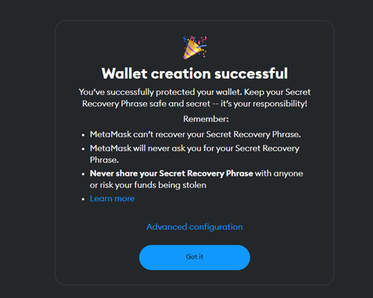 Metamask Wallet Creation sccessfull