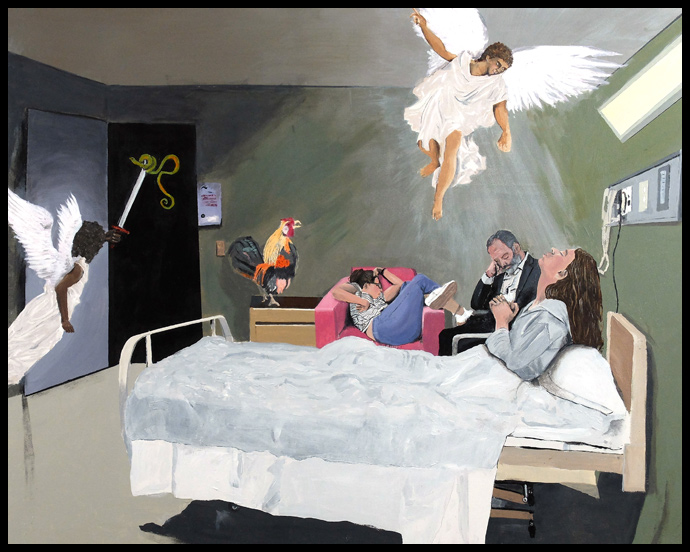 Christian inspired artwork. Woman in hospital with angels in the room.