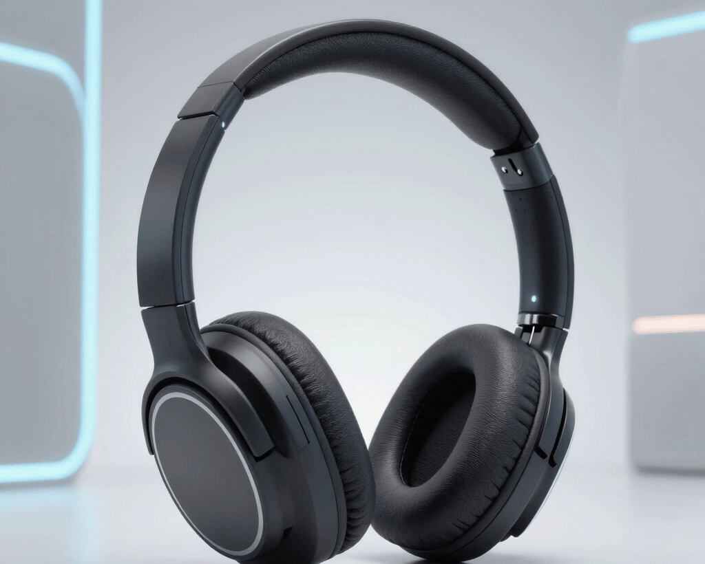 flatlay photography of wireless headphones