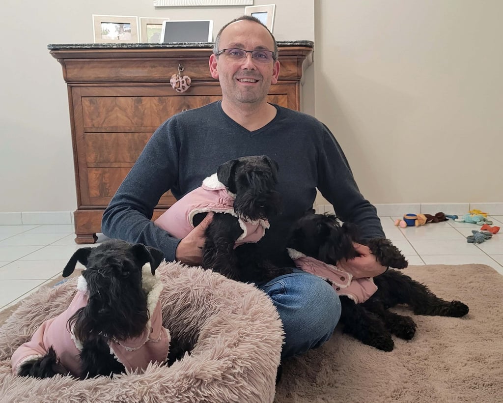 Eleveur et ses femelles Schnauzers