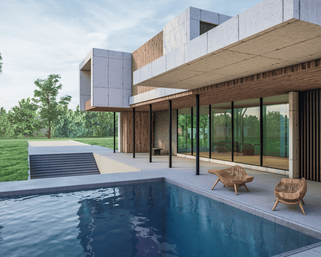 a house with a pool and a lounge chair