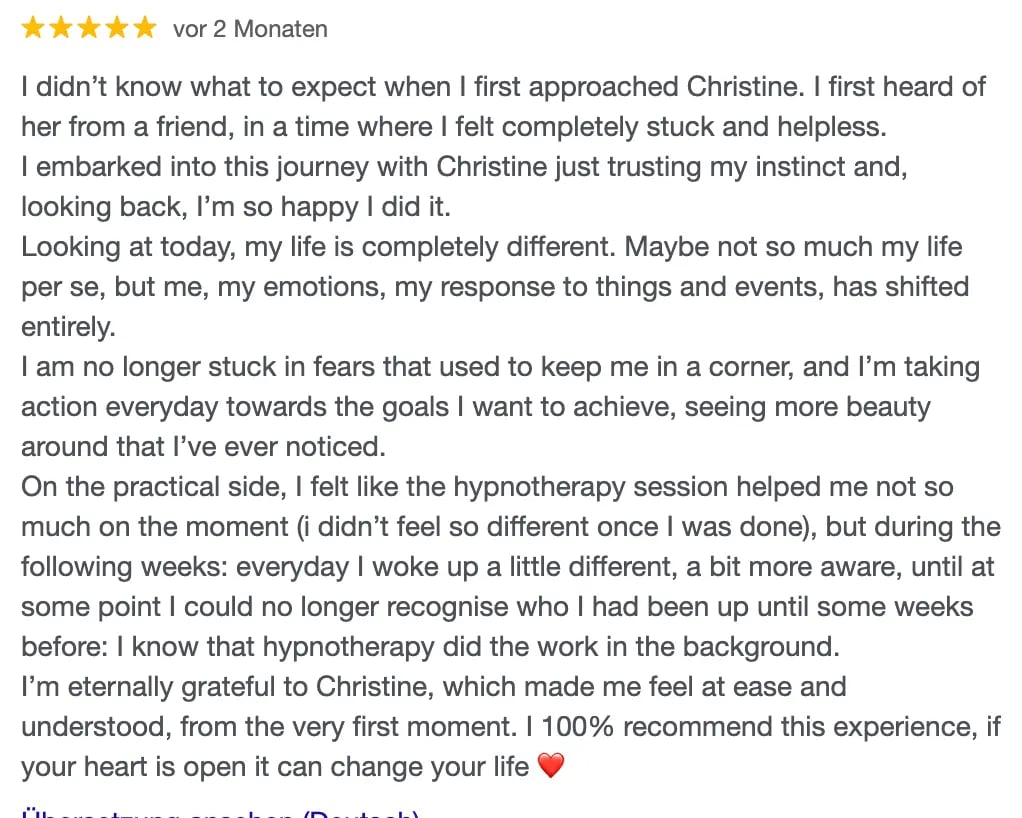 5-star client review saying how RTT shifted emotions entirely, moving from fear to taking action 