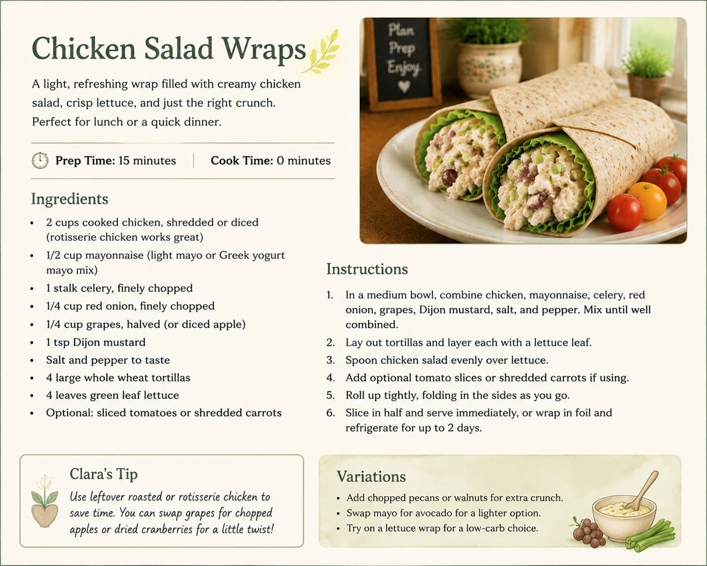 Healthy chicken salad wraps recipe page with ingredients list, instructions, and fresh tortillas.