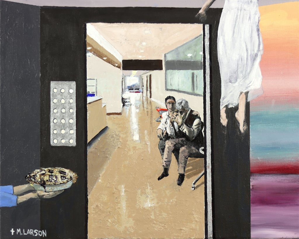 Christian inspired art - hospital with a doctor comforting a man as a women floats toward heaven.