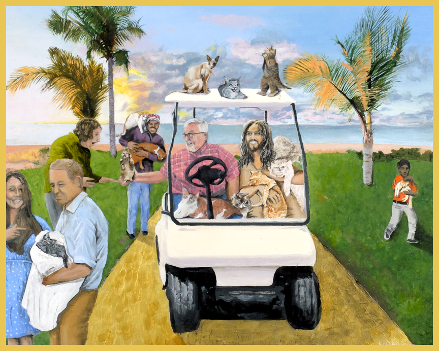 Christian inspired art. Jesus and Saint Dan in a golf cart returning cats to people in heaven.