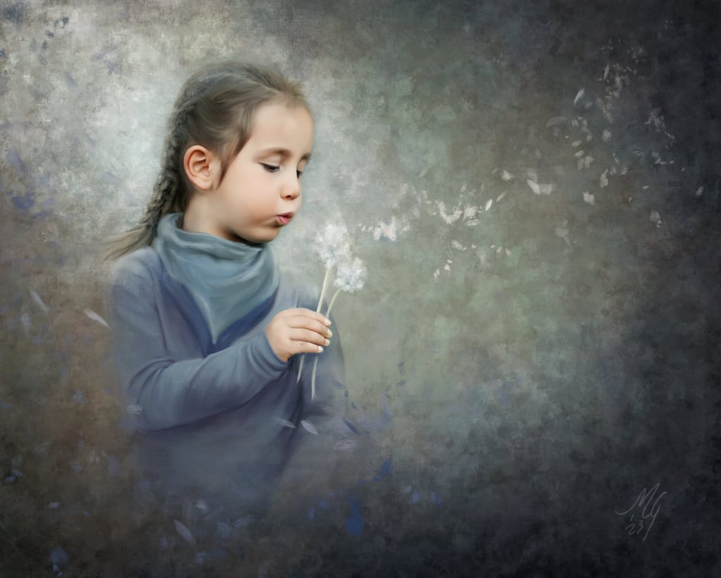 painting of a young girl blowing a dandelion